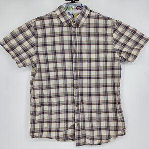 Prana Shirt Mens‎ Medium Brown Blue Plaid Short Sleeve Button Up Casual Cotton